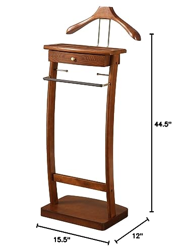 Proman Products Kingsman Suit Valet Stand VL37074 with Drawer, Top Tray, Contour Hanger, Trouser Bar, Tie & Belt Hooks and Shoe Rack, 15.5" W x 12" D x 44.5" H, Walnut