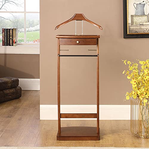 Proman Products Kingsman Suit Valet Stand VL37074 with Drawer, Top Tray, Contour Hanger, Trouser Bar, Tie & Belt Hooks and Shoe Rack, 15.5" W x 12" D x 44.5" H, Walnut