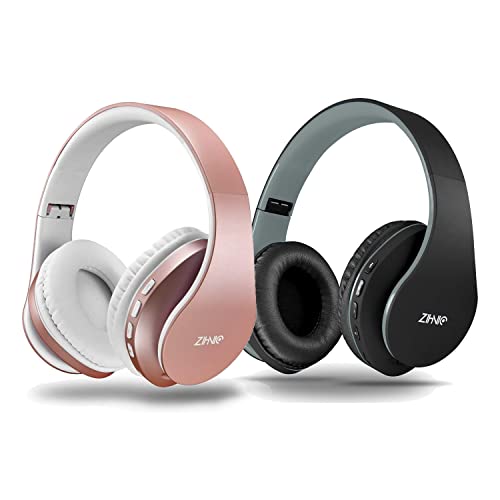 ZIHNIC 2 Items,1 Rose Gold Over-Ear Wireless Headset Bundle with 1 Black Gray Foldable Wireless Headset