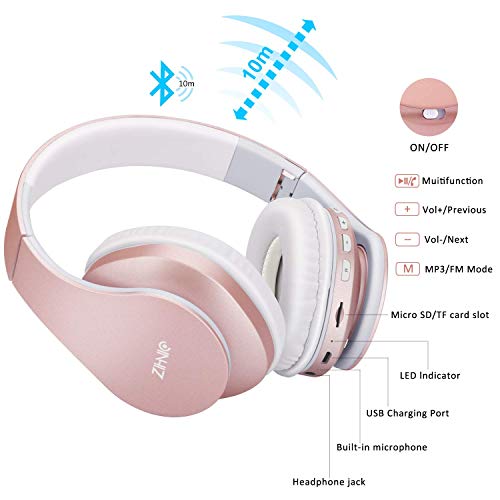 ZIHNIC 2 Items,1 Rose Gold Over-Ear Wireless Headset Bundle with 1 Black Gray Foldable Wireless Headset