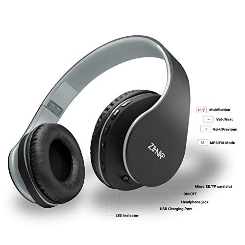 ZIHNIC 2 Items,1 Black Over-Ear Wireless Headset Bundle with 1 Black Gray Foldable Wireless Headset