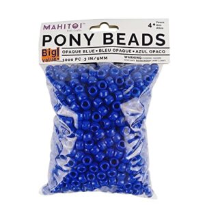 mahitoi 1000-pc opaque blue pony beads bag, great craft projects for all ages, craft projects of bead jewelry, ornaments, key chains, hair beading, round with center hole, 9mm diameter, diy face mask