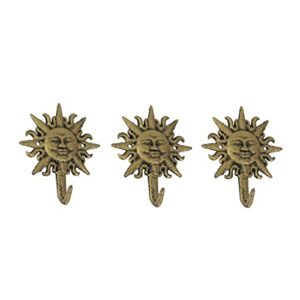 set of 3 vintage sun-face cast iron decorative wall hooks in antique gold finish - elegant towel or coat hanger rack for home decor - 5.75 inches high