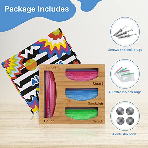 Bamboo Ziplock Organizer - Storage Bag Kitchen Organizer - Ziplock Storage Organizer - Food Storage Bag Dispenser - 40 Ziplock Bags Included