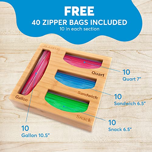 Bamboo Ziplock Organizer - Storage Bag Kitchen Organizer - Ziplock Storage Organizer - Food Storage Bag Dispenser - 40 Ziplock Bags Included