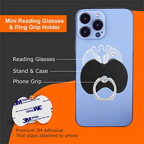 Cell Phone Ring Holder with Armless Reading Glasses | 360° Rotating Crystal Finger Ring for All Smartphones | 2.0 Diopters (Crystal, 2.5, diopters)