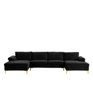 casa andrea milano modern large velvet fabric sectional sofa couch with extra wide chaise lounge with golden legs, u shaped, black