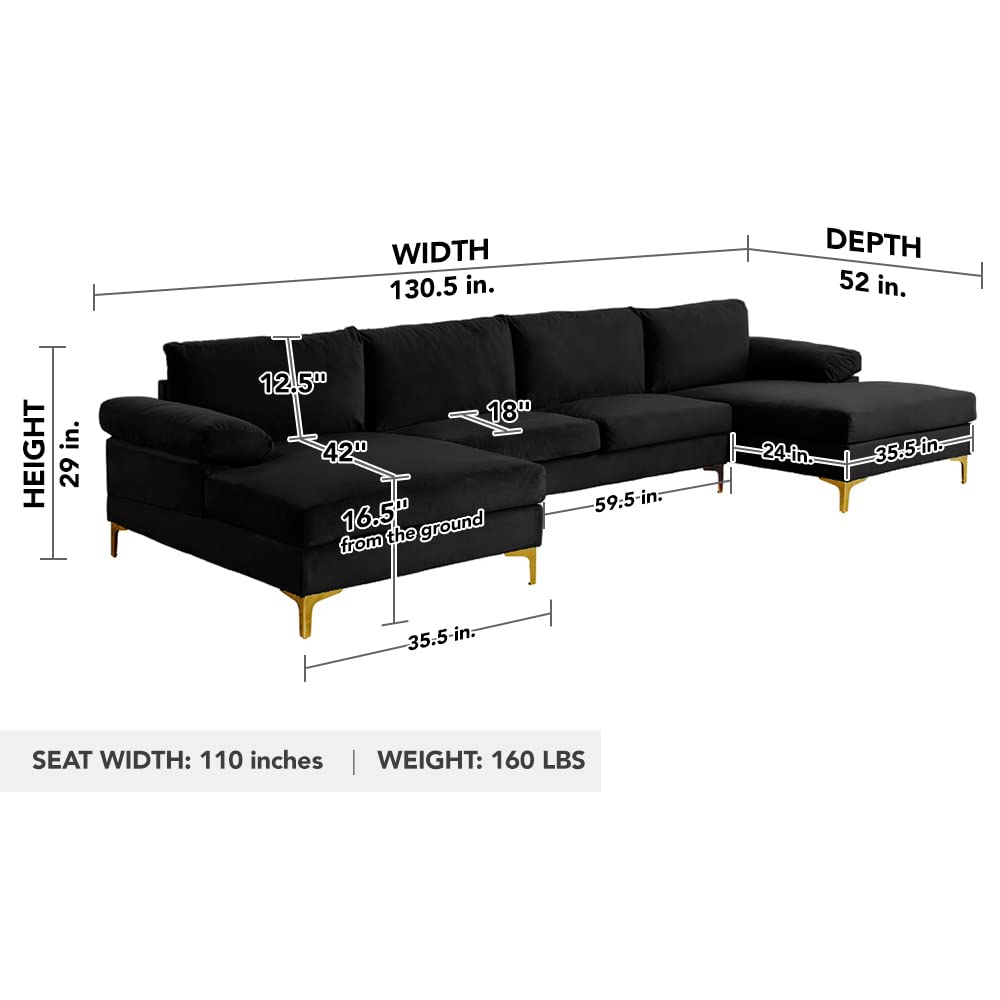 Casa Andrea Milano Modern Large Velvet Fabric Sectional Sofa Couch with Extra Wide Chaise Lounge with Golden Legs, U Shaped, Black