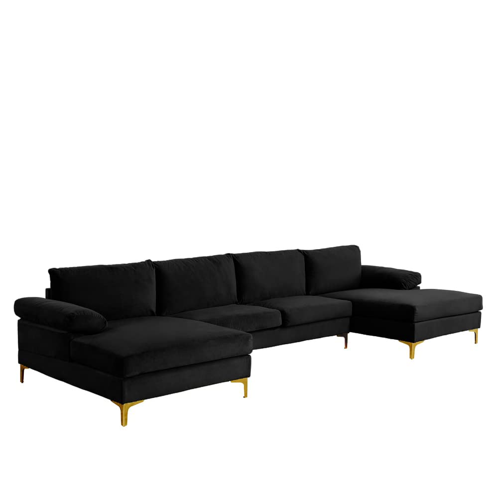 Casa Andrea Milano Modern Large Velvet Fabric Sectional Sofa Couch with Extra Wide Chaise Lounge with Golden Legs, U Shaped, Black