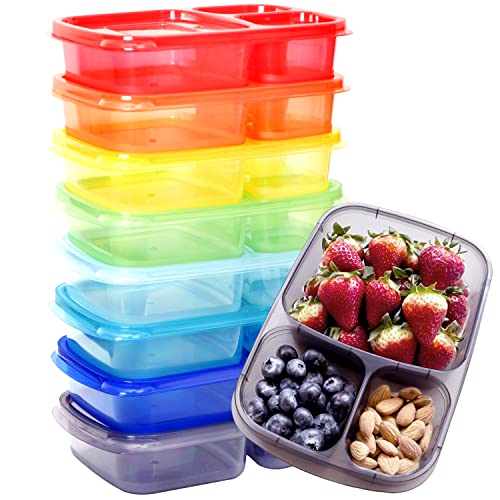 Youngever 8 Pack Bento Lunch Box, Meal Prep Containers, Reusable Plastic Divided Food Storage Container Boxes (3-Compartment)