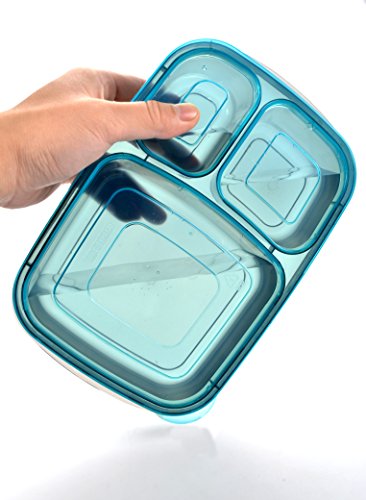 Youngever 8 Pack Bento Lunch Box, Meal Prep Containers, Reusable Plastic Divided Food Storage Container Boxes (3-Compartment)