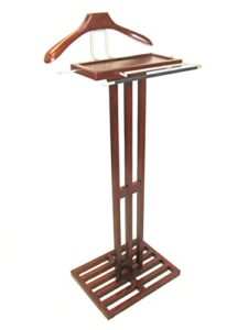 proman products kyoto suit valet stand vl36220 with large top tray, contour hanger, trouser bar, tie & belt hooks, 17” w x 12.5”d x 45”h, mahogany