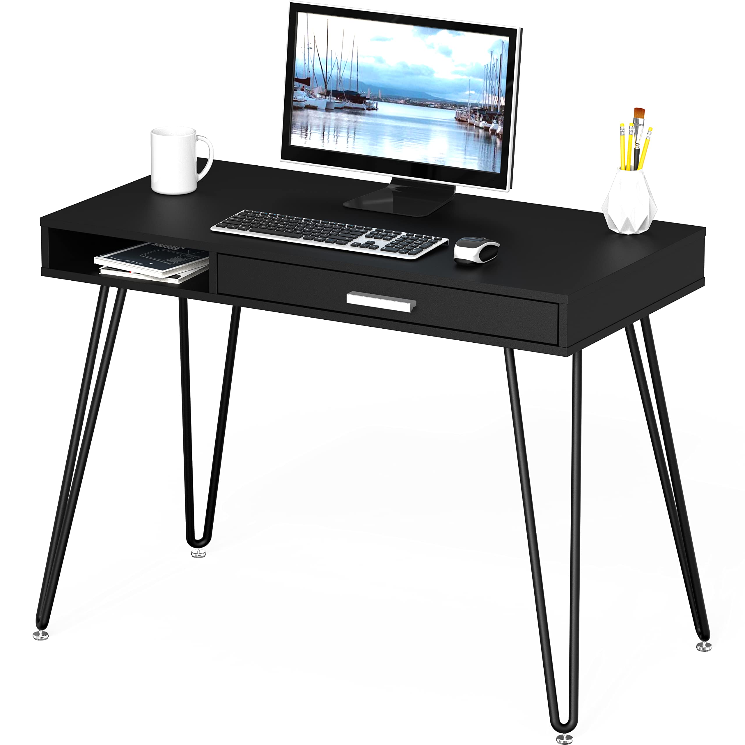 SHW Home Office Computer Hairpin Leg Desk with Drawer, Black