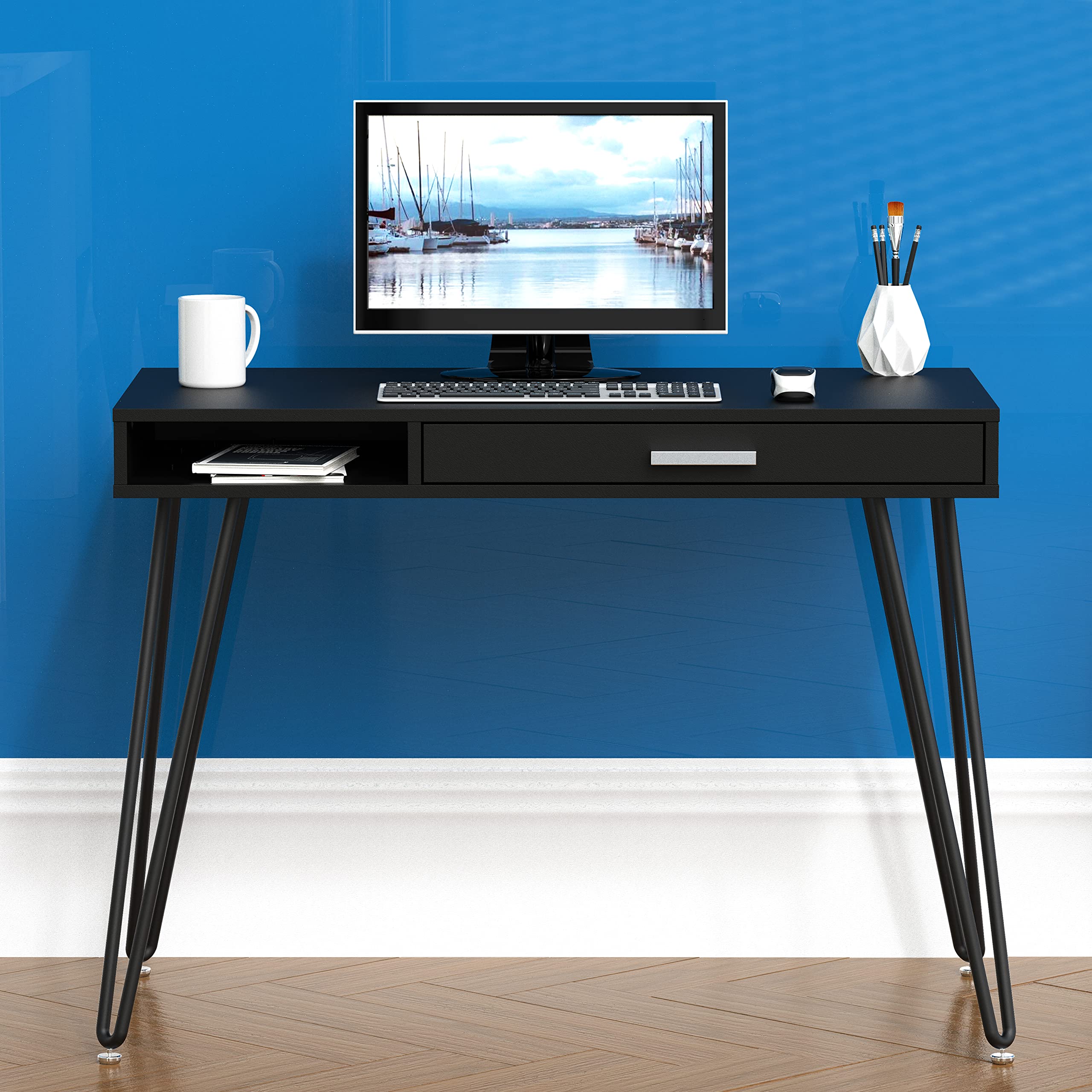 SHW Home Office Computer Hairpin Leg Desk with Drawer, Black