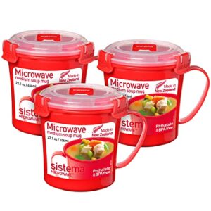 sistema microwave soup mugs | microwave food containers with steam release vents | 656 ml | bpa-free | recyclable with terracycle | red | 3 count
