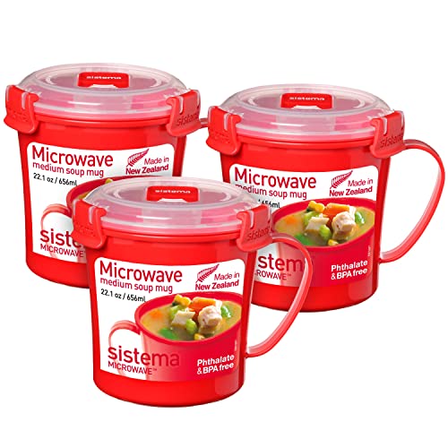 Sistema Microwave Soup Mugs | Microwave Food Containers with Steam Release Vents | 656 ml | BPA-Free | Recyclable with TerraCycle | Red | 3 Count