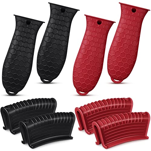 8 Pieces Silicone Hot Handle Holder Non Slip Pot Handle Covers Sleeve Heat Resistant Cast Iron Handle Cover Cookware Handle for Cast Iron Skillet Pan (Black, Red)