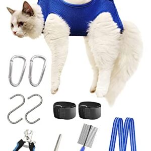 Kkiimatt 10 in 1 Pet Grooming Hammock Harness with Nail Clippers/Trimmer, Grooming Sling for Small Animals Nail Trimming/Clipping For Cat&Dog (XXS/Under 10lb Blue)