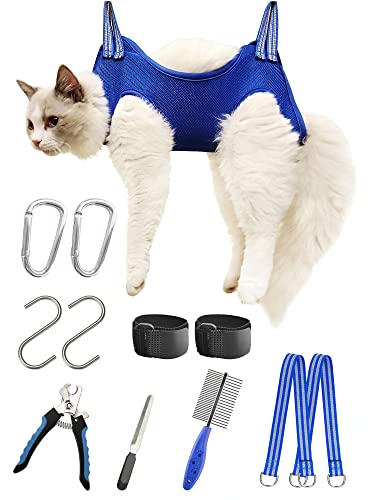 Kkiimatt 10 in 1 Pet Grooming Hammock Harness with Nail Clippers/Trimmer, Grooming Sling for Small Animals Nail Trimming/Clipping For Cat&Dog (XXS/Under 10lb Blue)