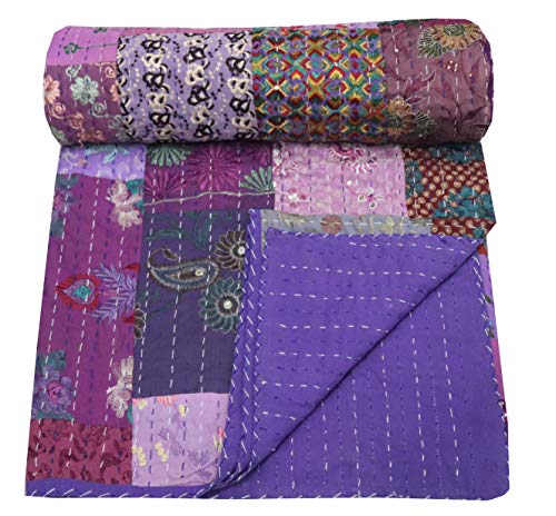 Kantha Quilt, Indian Cotton Bedspread, Twin Size Reversible Bed Sheet, Handmade Kantha Throw,Floral Bed Cover