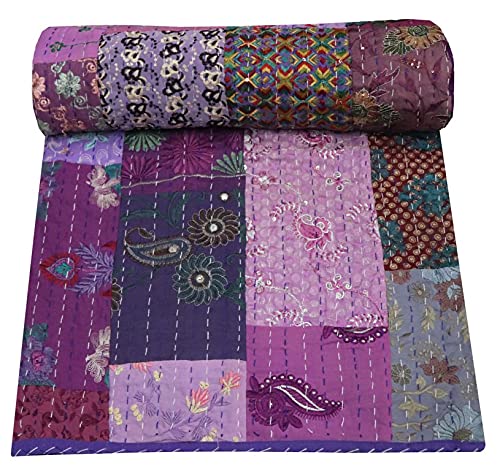 Kantha Quilt, Indian Cotton Bedspread, Twin Size Reversible Bed Sheet, Handmade Kantha Throw,Floral Bed Cover