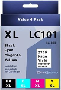inkjetsclub high yield ink cartridge replacement for brother lc101/103. works with mfc-j285dw mfc-j4310dw mfc-j4410dw mfc-j450dw mfc-j4510dw printers. 4 pack (black, cyan, magenta, yellow)