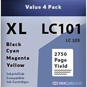 INKjetsclub High Yield Ink Cartridge Replacement for Brother LC101/103. Works with MFC-J285DW MFC-J4310DW MFC-J4410DW MFC-J450DW MFC-J4510DW Printers. 4 Pack (Black, Cyan, Magenta, Yellow)