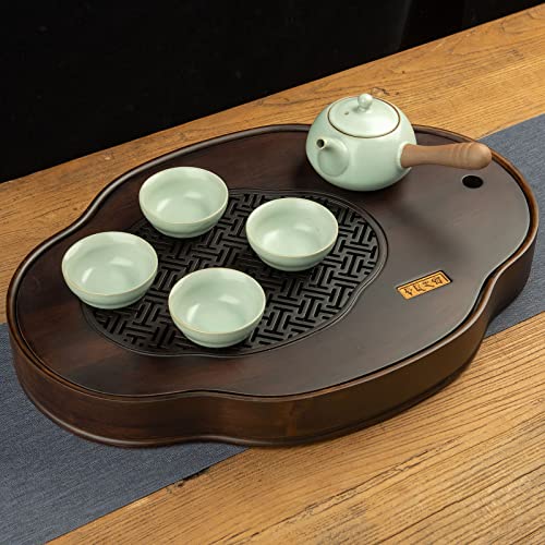 Bamboo Tea Tray Hua Xia Zhi Chuang Irregular Oval Shape, Chinese Gongfu Tea Table Serving Tray, Serving Box Reservoir Type (Big)