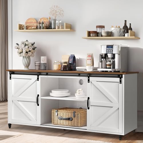 Farmhouse Coffee Bar Cabinet, 58” Kitchen Sideboard Buffet Cabinet with Storage, White Coffee Bar Table with Sliding Barn Door for Dinning Living Room