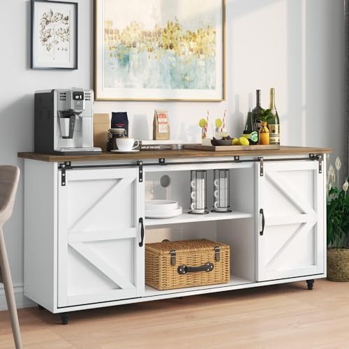 Farmhouse Coffee Bar Cabinet, 58” Kitchen Sideboard Buffet Cabinet with Storage, White Coffee Bar Table with Sliding Barn Door for Dinning Living Room