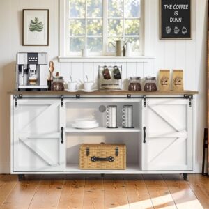 Farmhouse Coffee Bar Cabinet, 58” Kitchen Sideboard Buffet Cabinet with Storage, White Coffee Bar Table with Sliding Barn Door for Dinning Living Room