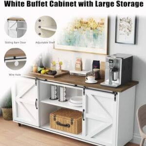 Farmhouse Coffee Bar Cabinet, 58” Kitchen Sideboard Buffet Cabinet with Storage, White Coffee Bar Table with Sliding Barn Door for Dinning Living Room