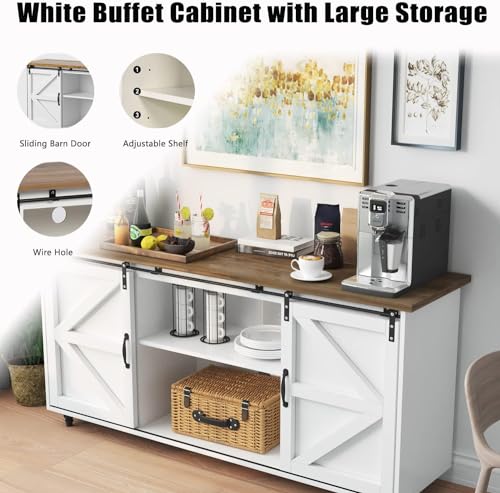 Farmhouse Coffee Bar Cabinet, 58” Kitchen Sideboard Buffet Cabinet with Storage, White Coffee Bar Table with Sliding Barn Door for Dinning Living Room