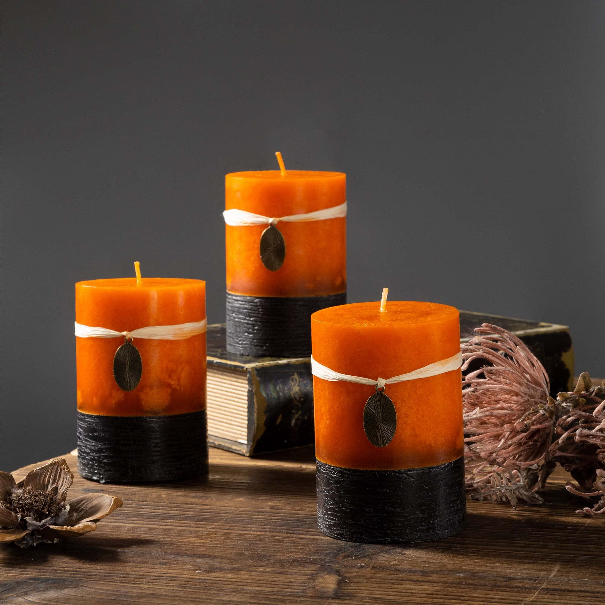 Rustic Pillar Candles Mottled 3x4'' Home Décor Handmade (3 Packs, Orange)