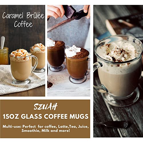 SZUAH 15 OZ Clear Coffee Mug, Clear Mugs, (6 Pack) Glass Coffee Mugs with Handles Glass Mugs for Hot Beverages, Perfect for Coffe Latte Cappuccino Beer Juice, Microwave, Dishwasher Safe