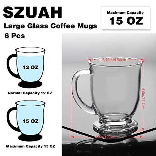 SZUAH 15 OZ Clear Coffee Mug, Clear Mugs, (6 Pack) Glass Coffee Mugs with Handles Glass Mugs for Hot Beverages, Perfect for Coffe Latte Cappuccino Beer Juice, Microwave, Dishwasher Safe