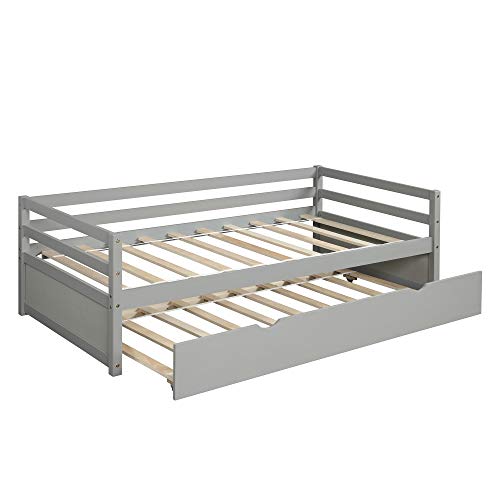 Merax Daybed with Trundle, Solid Wood Bed Frame for Teens/Adults, Easy Assembly, No Box Spring Needed, Gray