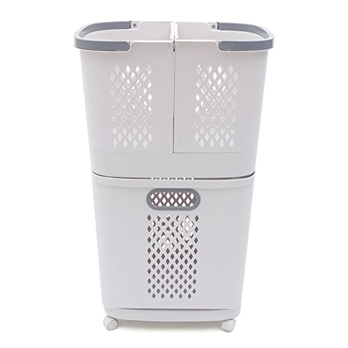 2 Tier Laundry Basket Vertical Standing Storage Basket Stand with Wheel Rolling Laundry Sorter Hamper Multipurpose Large Laundry Basket with 3 Basket Bins for Kitchen Bedroom Bathroom