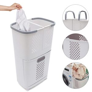 2 Tier Laundry Basket Vertical Standing Storage Basket Stand with Wheel Rolling Laundry Sorter Hamper Multipurpose Large Laundry Basket with 3 Basket Bins for Kitchen Bedroom Bathroom