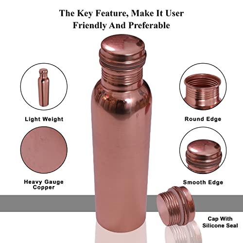 Copper Water Bottle with Lid 34 Oz - Ayurvedic 100% Pure Copper Drinking Vessel, Drink More Water Bottle, Solid Copper Handcrafted Bottle 1000 ml for Home, Office, Hotel, Yoga and Gifting (1 Litre)