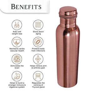 Copper Water Bottle with Lid 34 Oz - Ayurvedic 100% Pure Copper Drinking Vessel, Drink More Water Bottle, Solid Copper Handcrafted Bottle 1000 ml for Home, Office, Hotel, Yoga and Gifting (1 Litre)