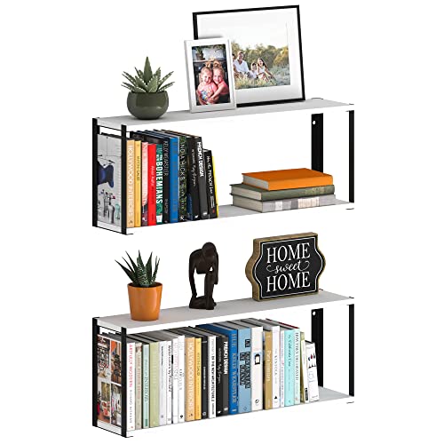 Wallniture Roca White Floating Shelves for Wall Storage, 24"x6" Floating Bookshelf for Living Room Decor, 2 Tier Wood Shelf Set of 2