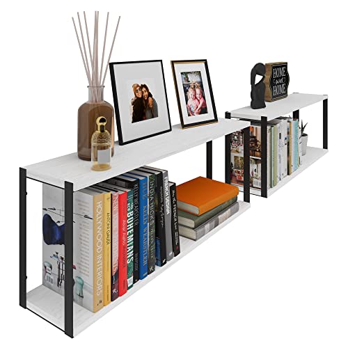Wallniture Roca White Floating Shelves for Wall Storage, 24"x6" Floating Bookshelf for Living Room Decor, 2 Tier Wood Shelf Set of 2