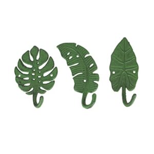 zeckos set of 3 cast iron green tropical leaf decorative wall hooks - functional and stylish - 6 inches high - beach elegance - perfect for towels, coats, and more