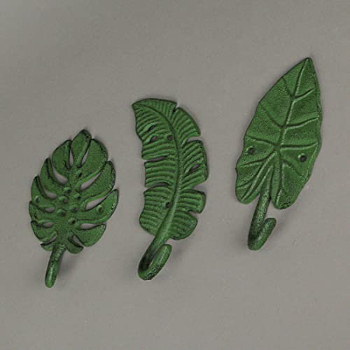 Zeckos Set of 3 Cast Iron Green Tropical Leaf Decorative Wall Hooks - Functional and Stylish - 6 Inches High - Beach Elegance - Perfect for Towels, Coats, and More
