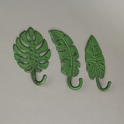 Zeckos Set of 3 Cast Iron Green Tropical Leaf Decorative Wall Hooks - Functional and Stylish - 6 Inches High - Beach Elegance - Perfect for Towels, Coats, and More