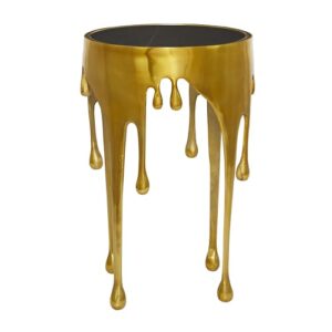 deco 79 aluminum drip accent table with melting designed legs and shaded glass top, 16" x 16" x 25", gold