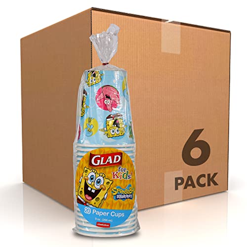 Glad for Kids 9oz Spongebob Squarepants Paper Cups, 120 Ct-Disposable Paper Cups with Spongebob and Patrick Design for Kids, Blue-Heavy Duty Paper Cups-Spongebob Cups, SpongeBob Drinking Cups