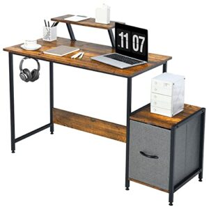 tangkula computer desk with reversible fabric drawer & moveable shelf, industrial style study writing desk, large pc laptop desk w/hook, home office computer workstation (black & rustic brown)