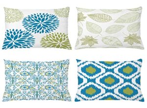 ambesonne vintage throw pillow cushicase pack 4, bohemian ornamental leaves dahlia pattern geometric art curlicue motif, modern accent double-sided digital printing, 20" x 12", blue olive green white